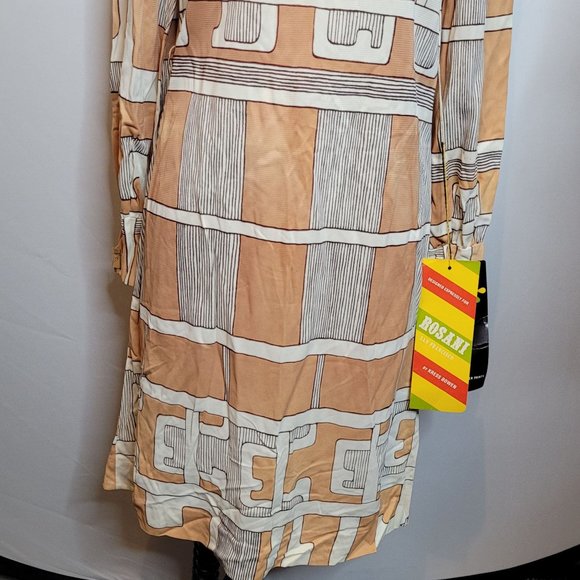 Vintage Dress Acetate Abstract Geometric Tan White Short Long Sleeve Sz 10 Tags - Picture 3 of 13